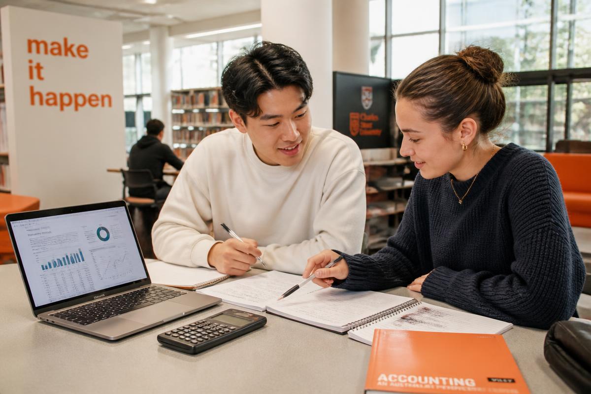Two students reviewing accounting coursework together in a university library